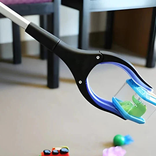 Foldable, rotating grabber tool with long reach; an ergonomic design for versatile item retrieval.