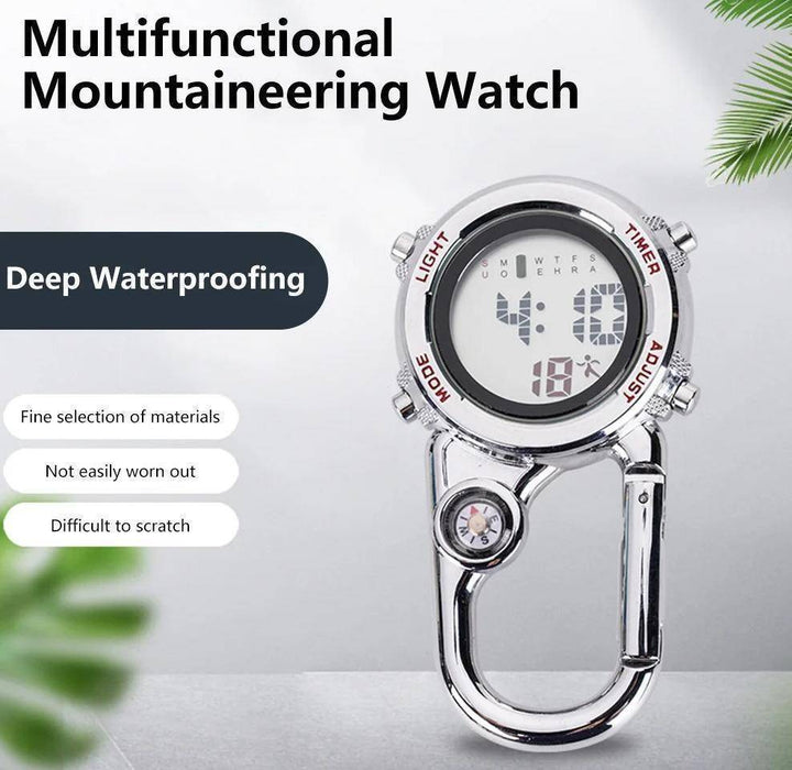 Unisex carabiner watch featuring a glowing dial, handy for camping, hiking, and sports