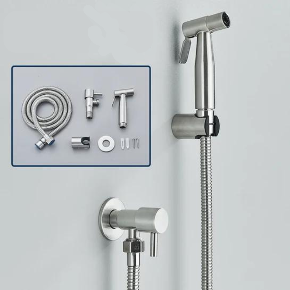 Experience ultimate hygiene with the PureFlow bidet hand shower, designed for effective bathroom cleansing.
