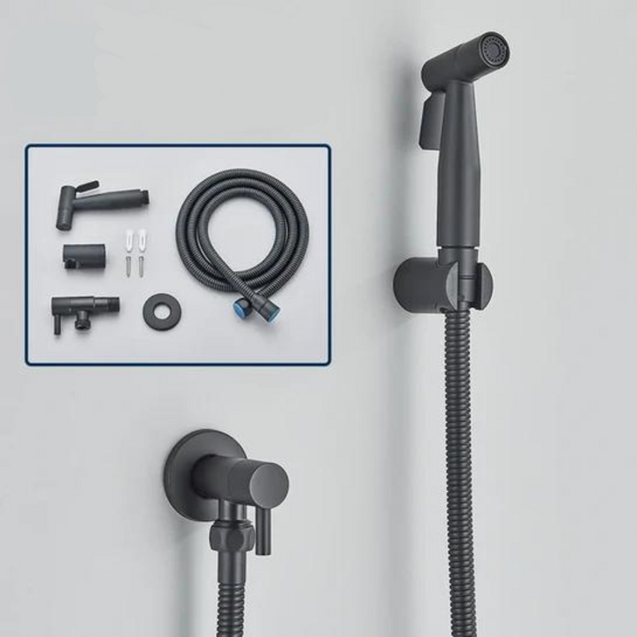 Stylish PureFlow bidet hand shower, stainless steel design for modern bathroom hygiene and home improvement.
