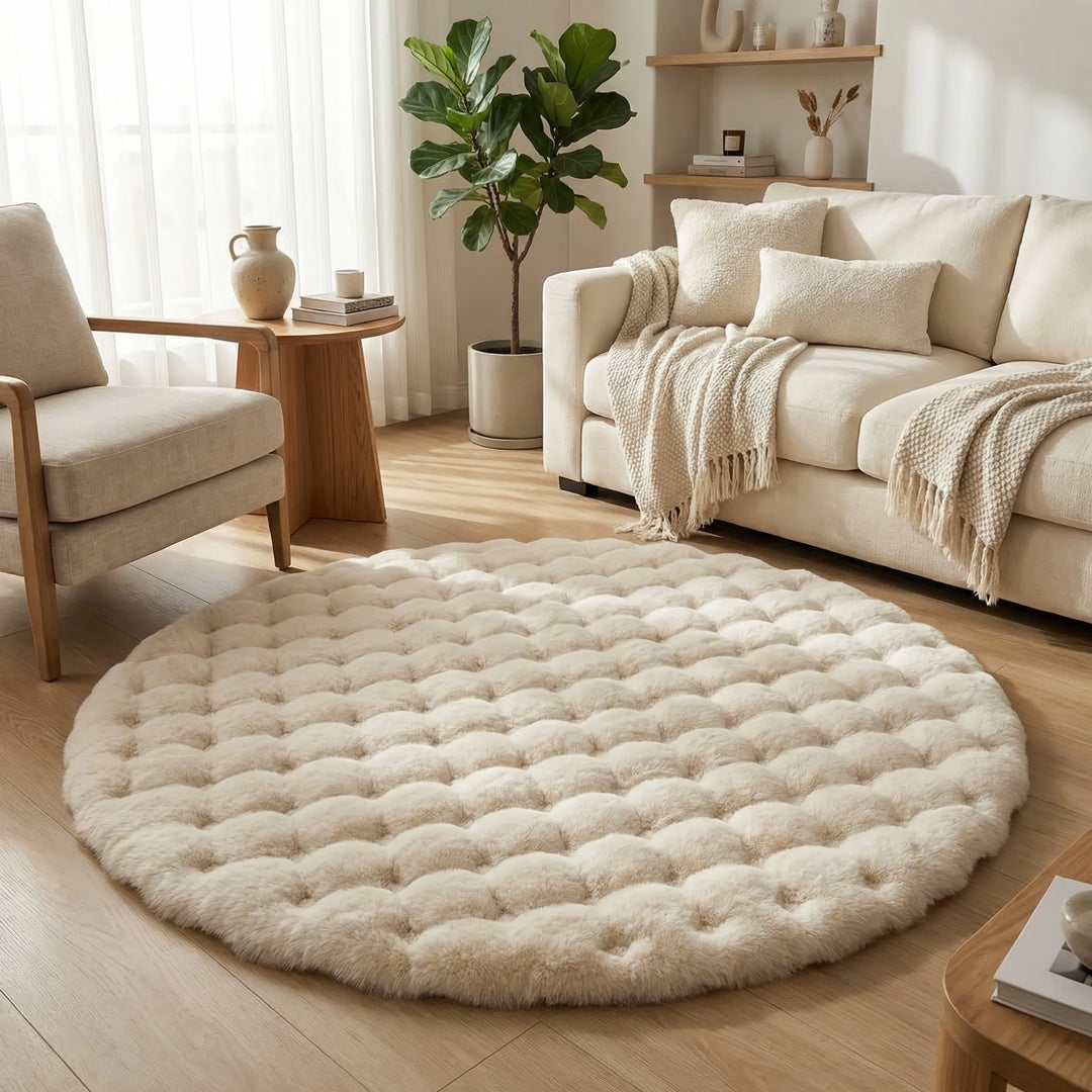 Elegant round plush area rug with waves, ideal for cozy home decor in bedrooms & living rooms.