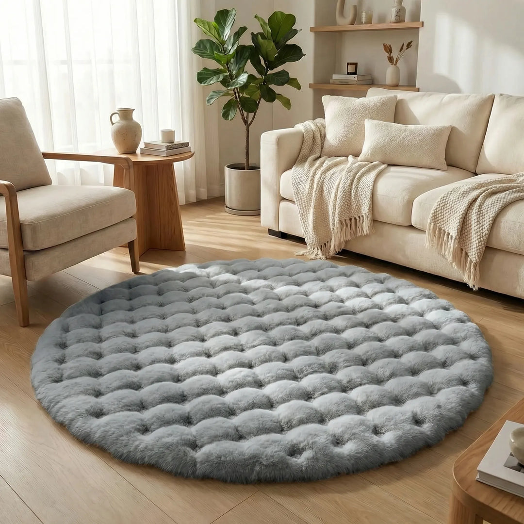 Super soft round plush area rug, a cozy addition to living room or bedroom home decor.