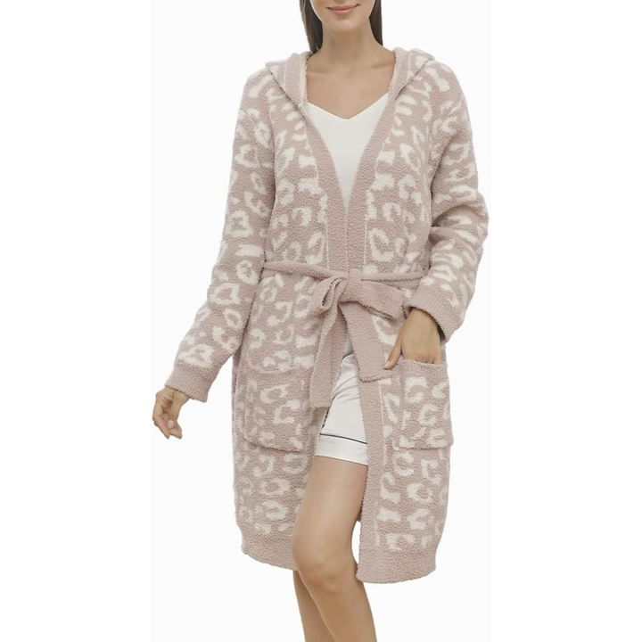 Soft hooded leopard print women's spa robe. Comfortable & luxurious loungewear.