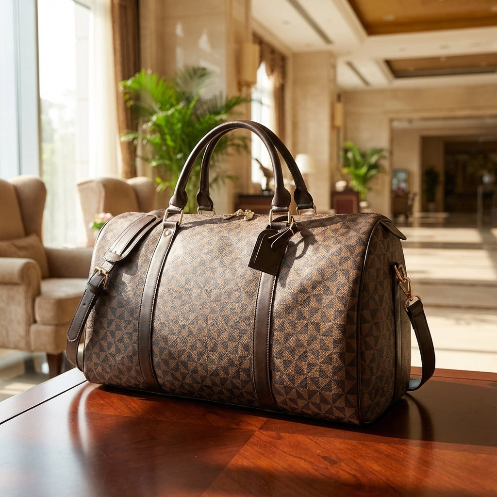 Luxurious unisex brown leather duffel bag by Urbanrove, perfect for weekend travel & elegant carry-on luggage.