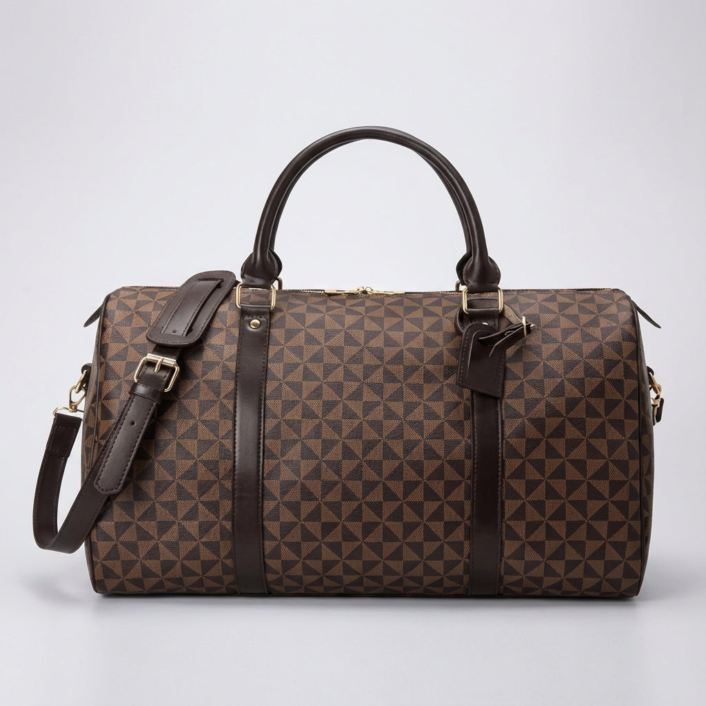 Stylish beige luxury weekend travel duffel bag. Unisex design for sophisticated carry-on and short trips.