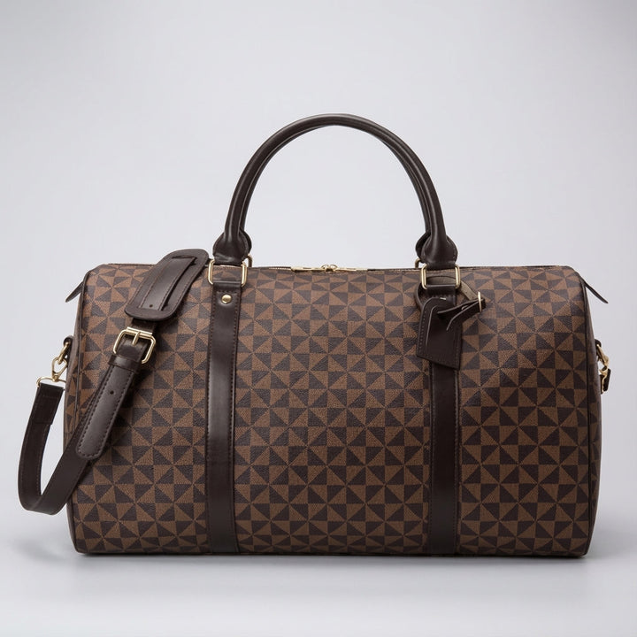 Spacious brown luxury travel duffel bag, ideal unisex weekend bag. Durable and elegant for any journey.
