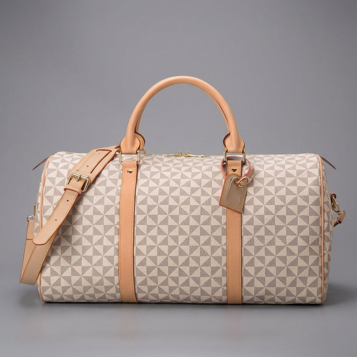 Front view of a chic beige unisex duffel bag, a luxurious weekend travel carry-on. Elegant and versatile.