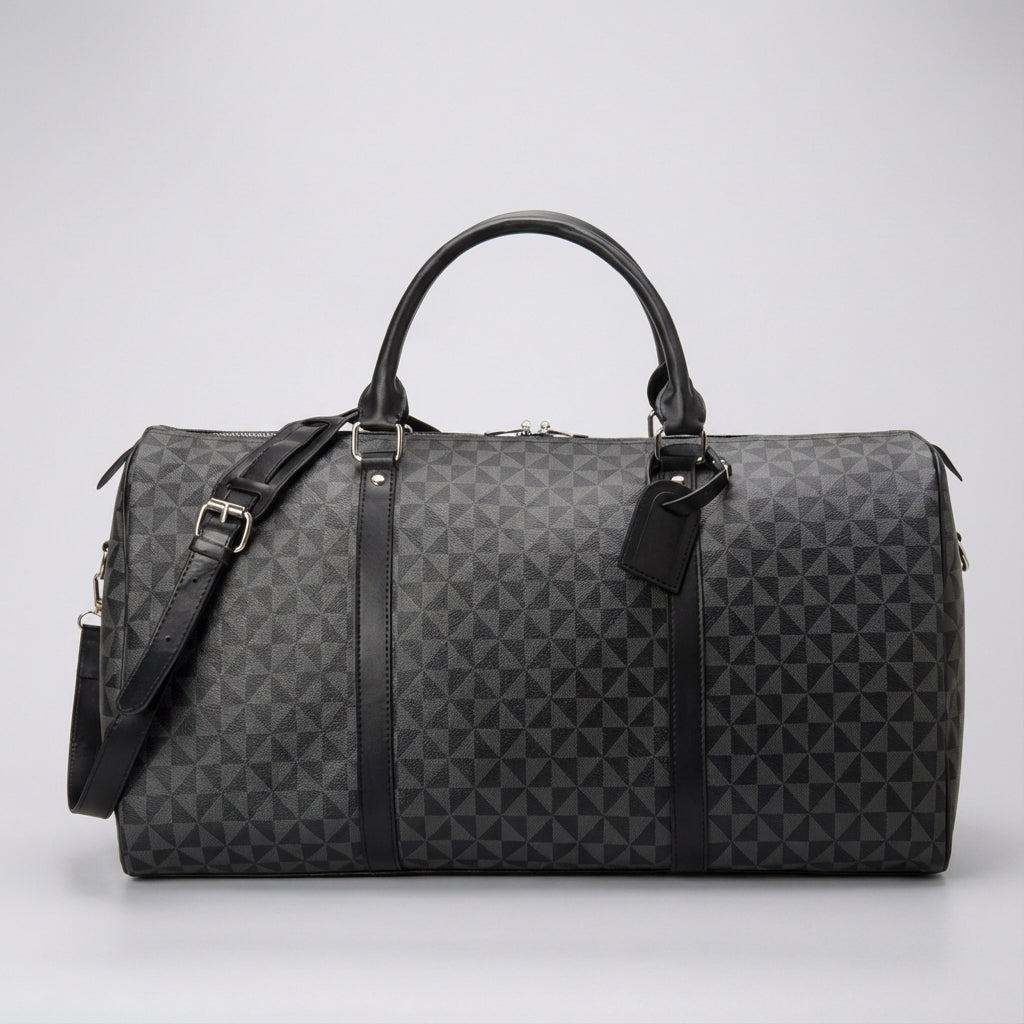 Unisex black luxury duffel bag for weekend travel. Elegant carry-on luggage, perfect for stylish getaways.