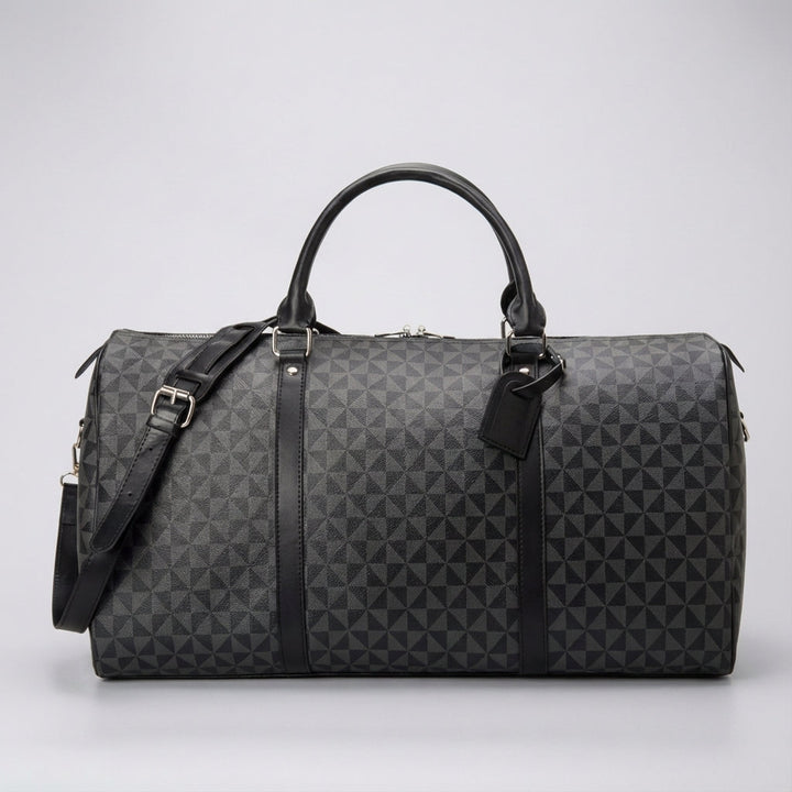 Unisex black luxury duffel bag for weekend travel. Elegant carry-on luggage, perfect for stylish getaways.
