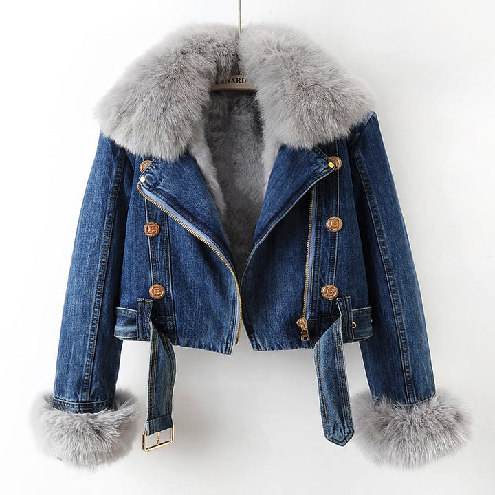 Luxurious women's lined winter coat with a plush faux fur collar, offering warmth and style for cold weather.