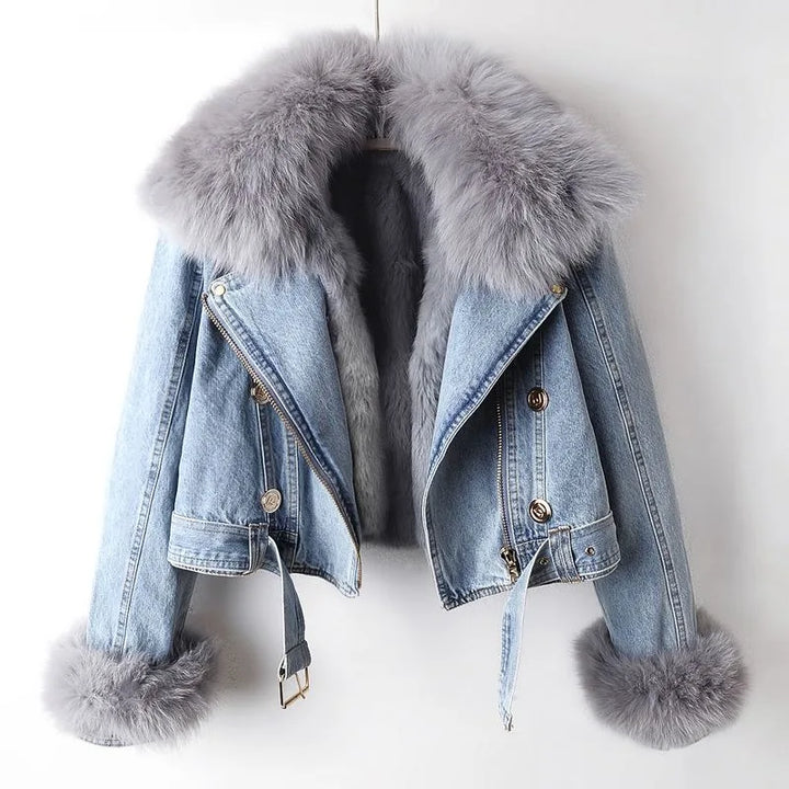 Warm women's winter jacket featuring a stylish faux fur collar, adjustable fit, and chic gold detailing.