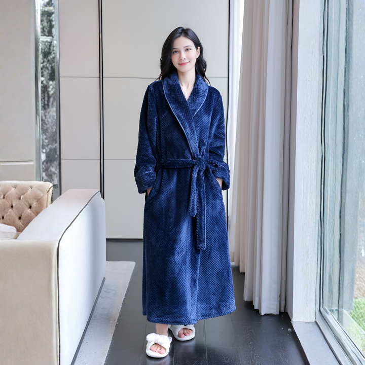 Soft women's hooded robe, designed for cozy relaxation & ultimate comfort. A plush bathrobe for spa & home wear.