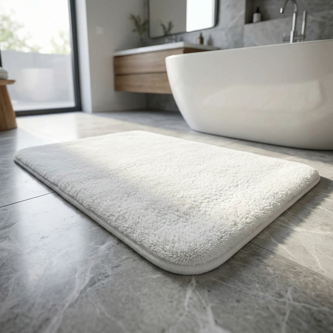 Luxury thick Flowique bath mat with wave design for ultimate bathroom comfort. Plush & absorbent.