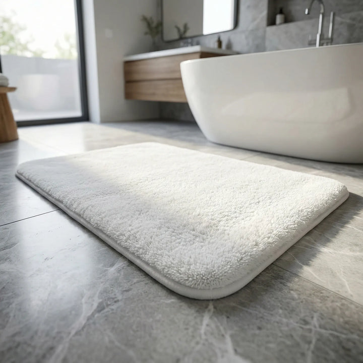 Luxury thick Flowique bath mat with wave design for ultimate bathroom comfort. Plush & absorbent.