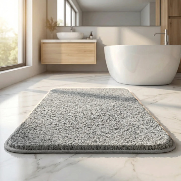 Elegant Flowique statement area rug, a thick bath mat with a unique wave design. Perfect for bathroom decor.