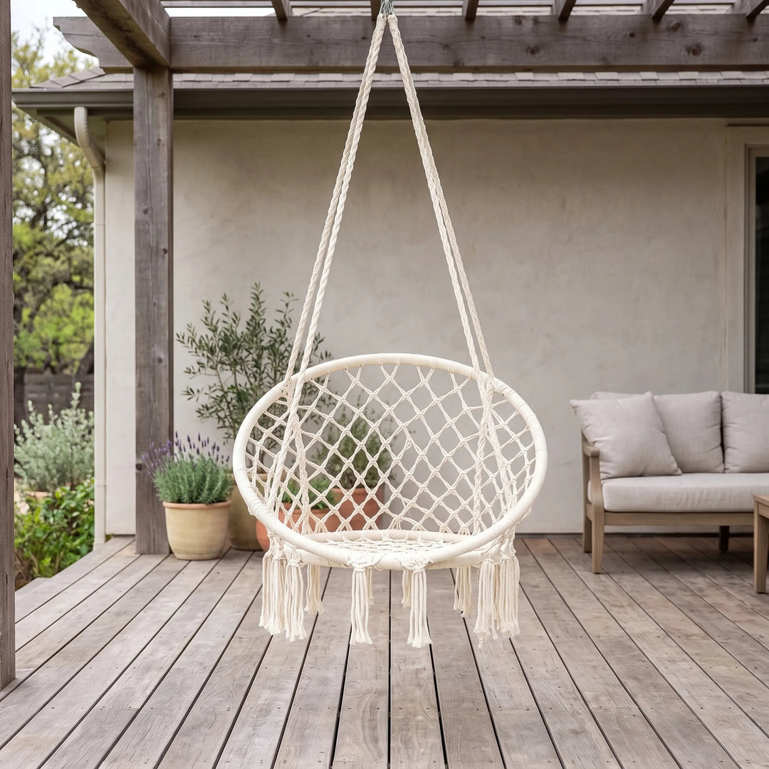Macrame Hammock Chair Swing. Woven cotton for comfortable indoor & outdoor relaxation.