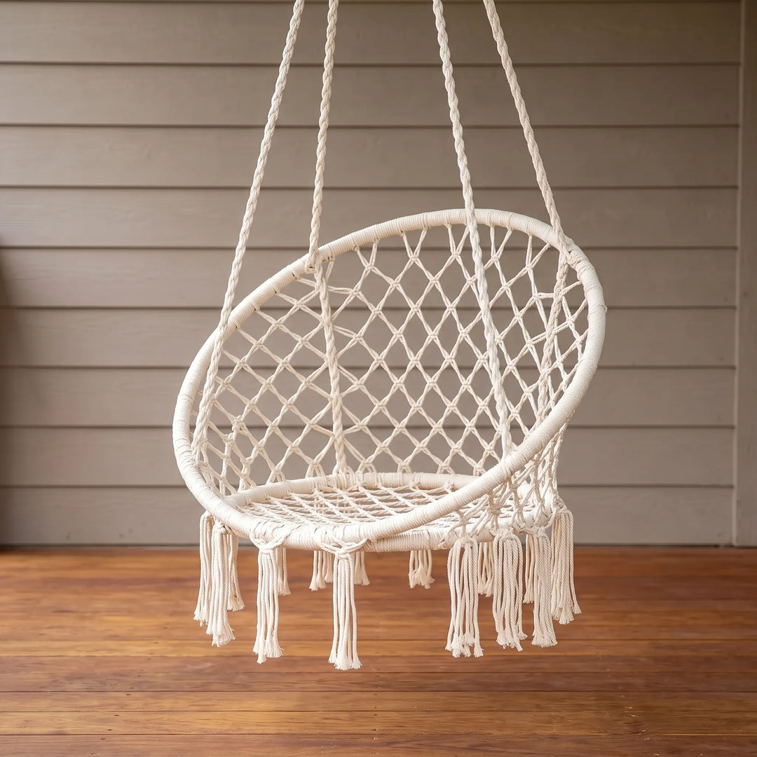 Bohemian Macrame Hanging Hammock Chair. Stylish woven cotton swing for indoor or outdoor lounge & decor.