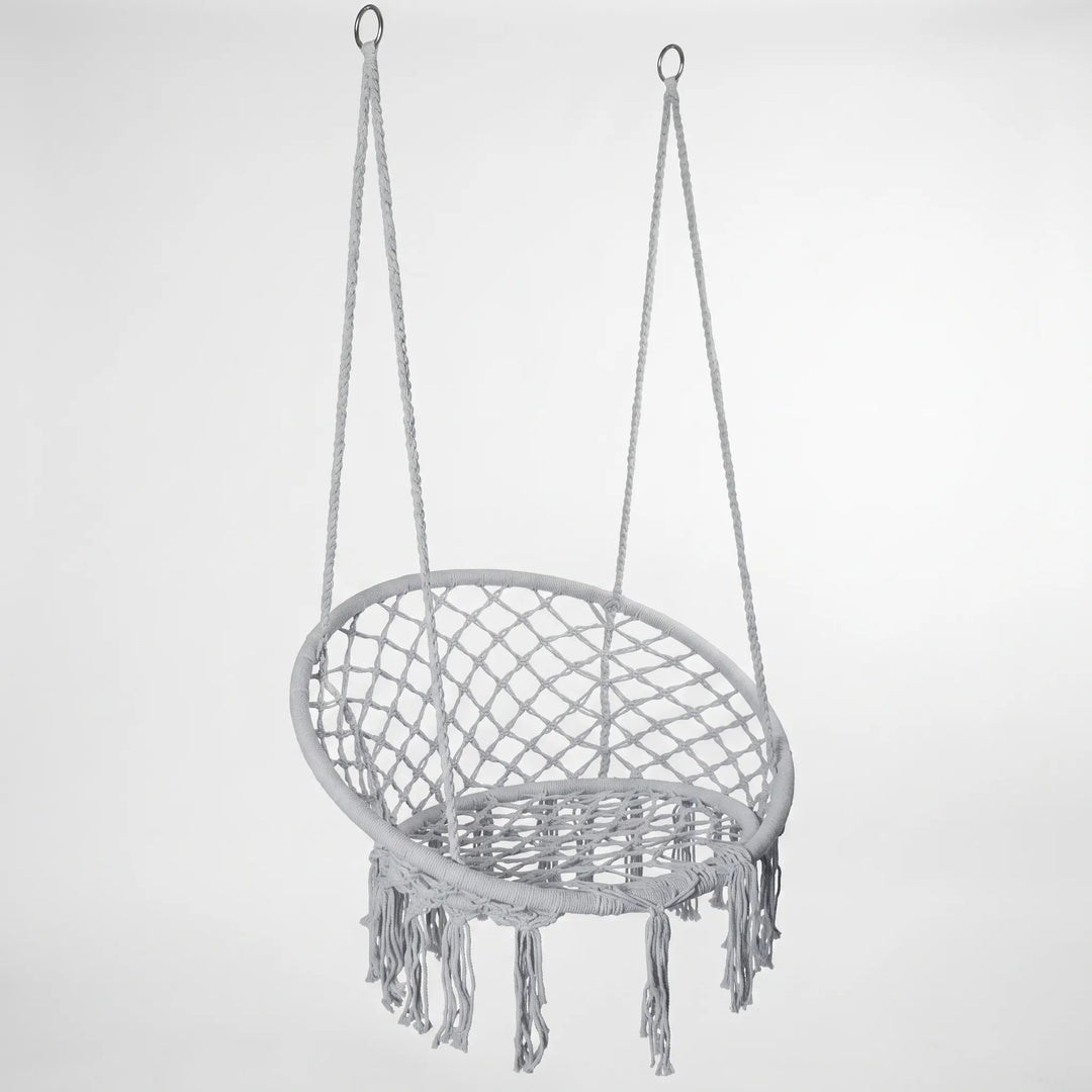 Elegant Macrame Hanging Chair. Bohemian woven cotton swing perfect for home decor, patio, or garden relaxation.