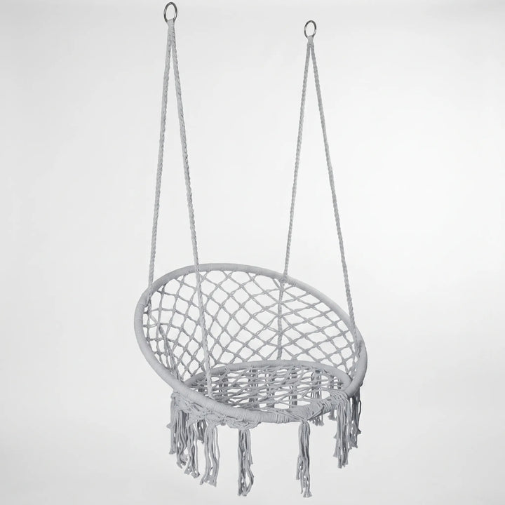Elegant Macrame Hanging Chair. Bohemian woven cotton swing perfect for home decor, patio, or garden relaxation.