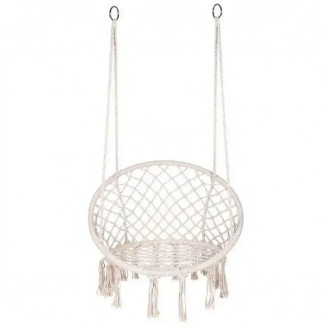 White Macrame Hammock Swing Chair. Woven cotton hanging lounge for ultimate indoor & outdoor comfort and style.