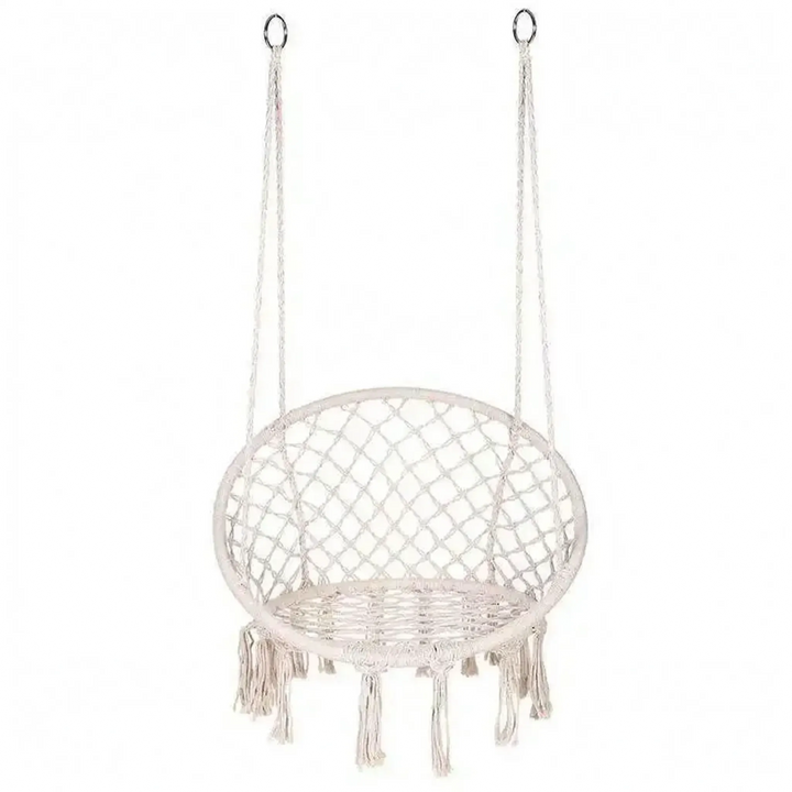 White Macrame Hammock Swing Chair. Woven cotton hanging lounge for ultimate indoor & outdoor comfort and style.