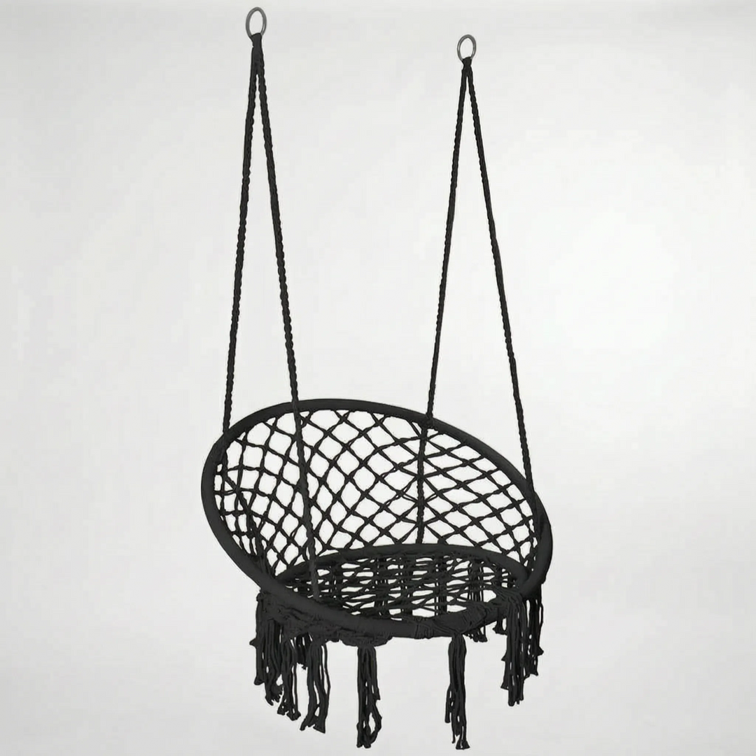 Relaxing Macrame Accent Chair. Stylish woven cotton swing for indoor living spaces or outdoor patio furniture.