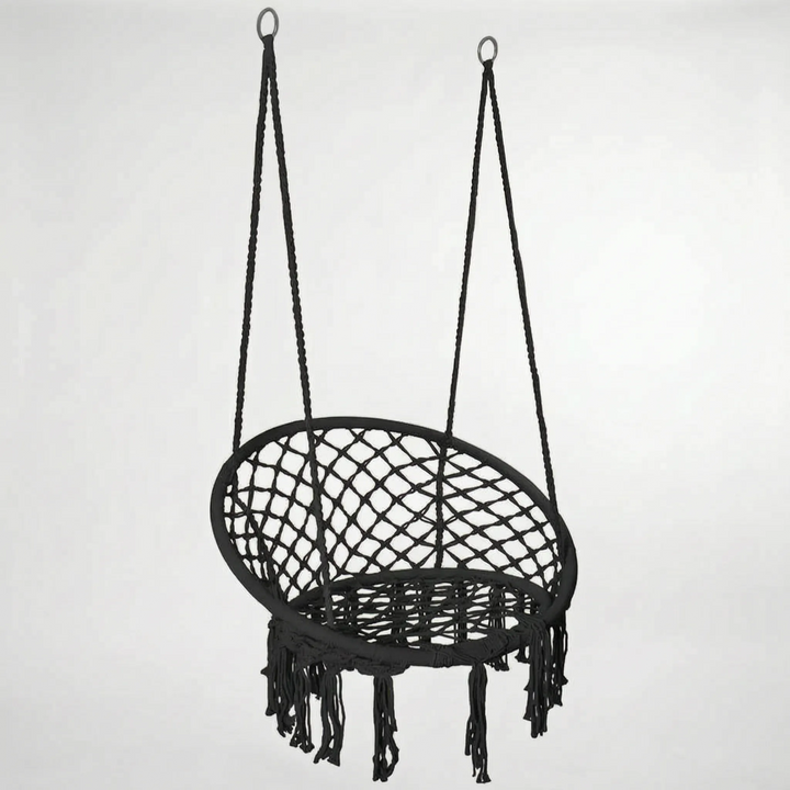Relaxing Macrame Accent Chair. Stylish woven cotton swing for indoor living spaces or outdoor patio furniture.