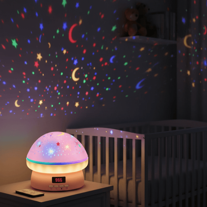 Magical mushroom star projector night light for kids' rooms, projecting 16 colorful stars onto walls & ceiling.