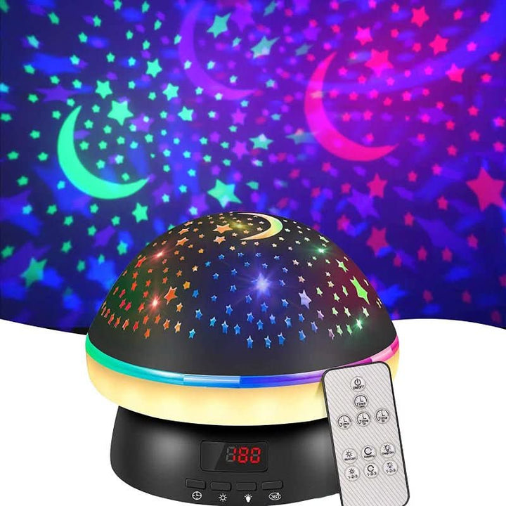 Cute mushroom star projector night light, ideal for a baby's nursery or kids' bedroom, providing calming colorful light.