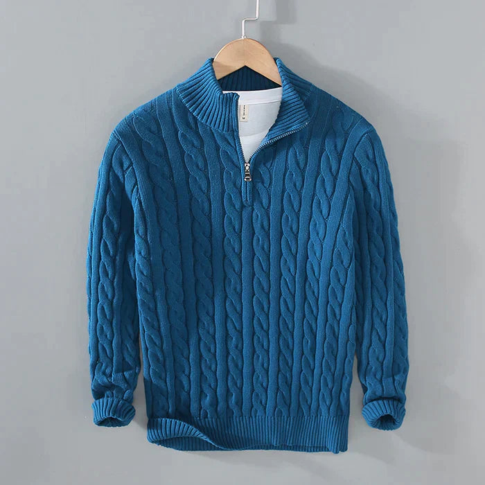"Maglione di lana uomo blu scuro calda vestibilità pulita, ideale per look eleganti nei mesi freddi."