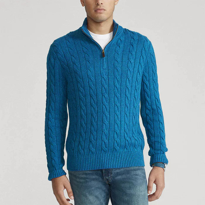 "Maglione di lana uomo blu scuro calda vestibilità pulita, ideale per look eleganti nei mesi freddi."