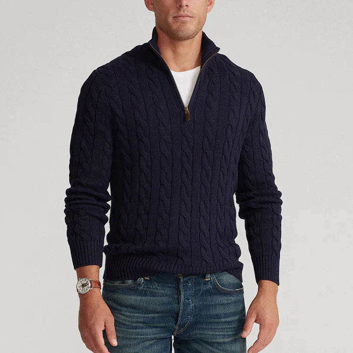 "Maglione di lana uomo blu scuro calda vestibilità pulita, ideale per look eleganti nei mesi freddi."