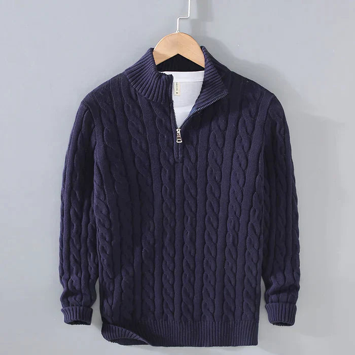 "Maglione di lana uomo blu scuro calda vestibilità pulita, ideale per look eleganti nei mesi freddi."