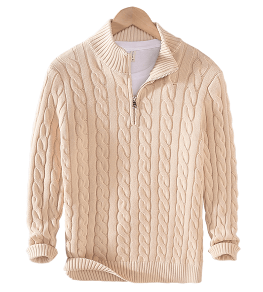 Maglione uomo collo alto, lavorazione a trecce, mezza zip; calore e stile per l'inverno, design moderno ed elegante.