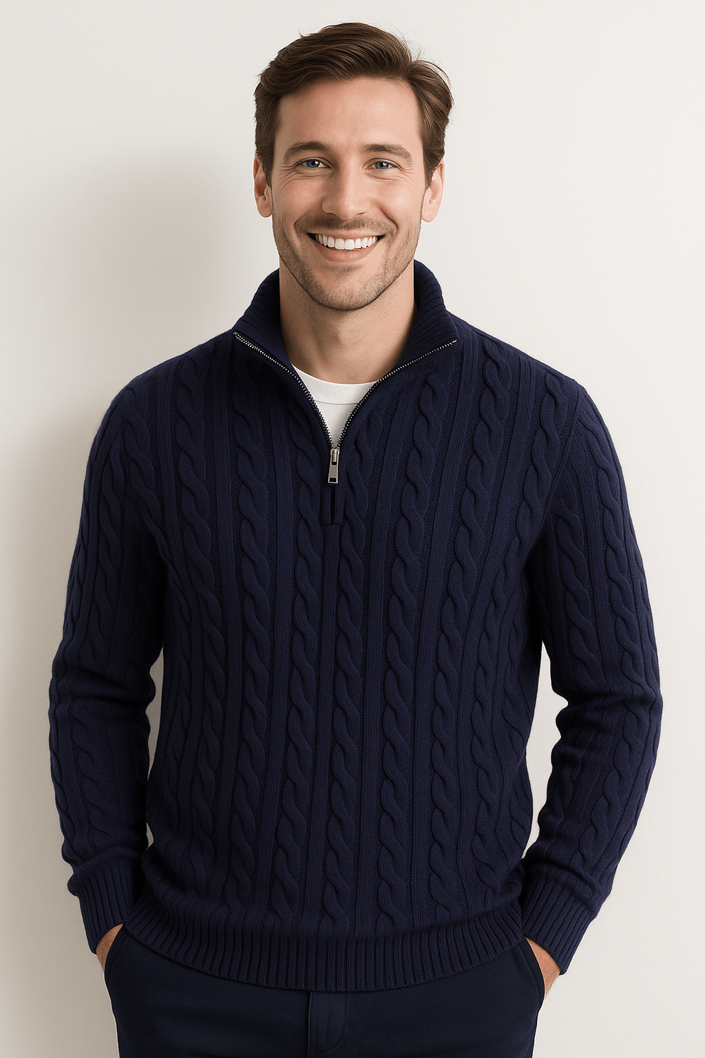 Maglione uomo collo alto, lavorazione a trecce, mezza zip; calore e stile per l'inverno, design moderno ed elegante.
