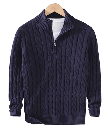 Maglione uomo collo alto, lavorazione a trecce, mezza zip; calore e stile per l'inverno, design moderno ed elegante.
