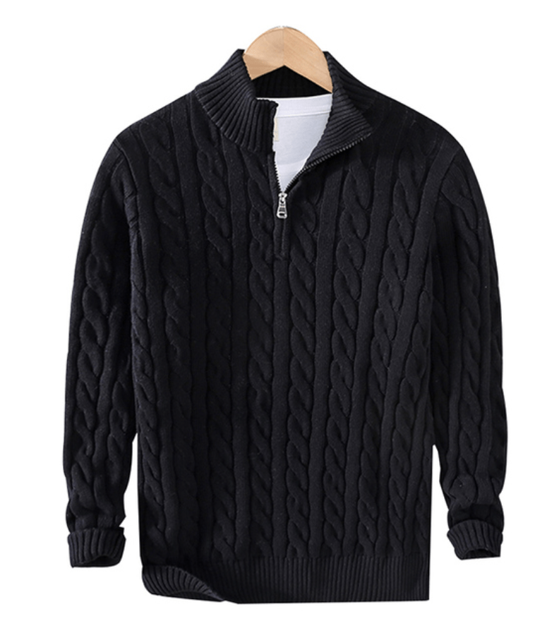Maglione uomo collo alto, lavorazione a trecce, mezza zip; calore e stile per l'inverno, design moderno ed elegante.