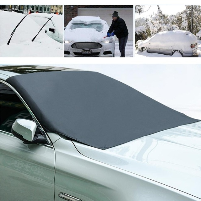 Magnetic car windshield cover protecting vehicle from snow & ice. All-weather frost guard auto accessory.
