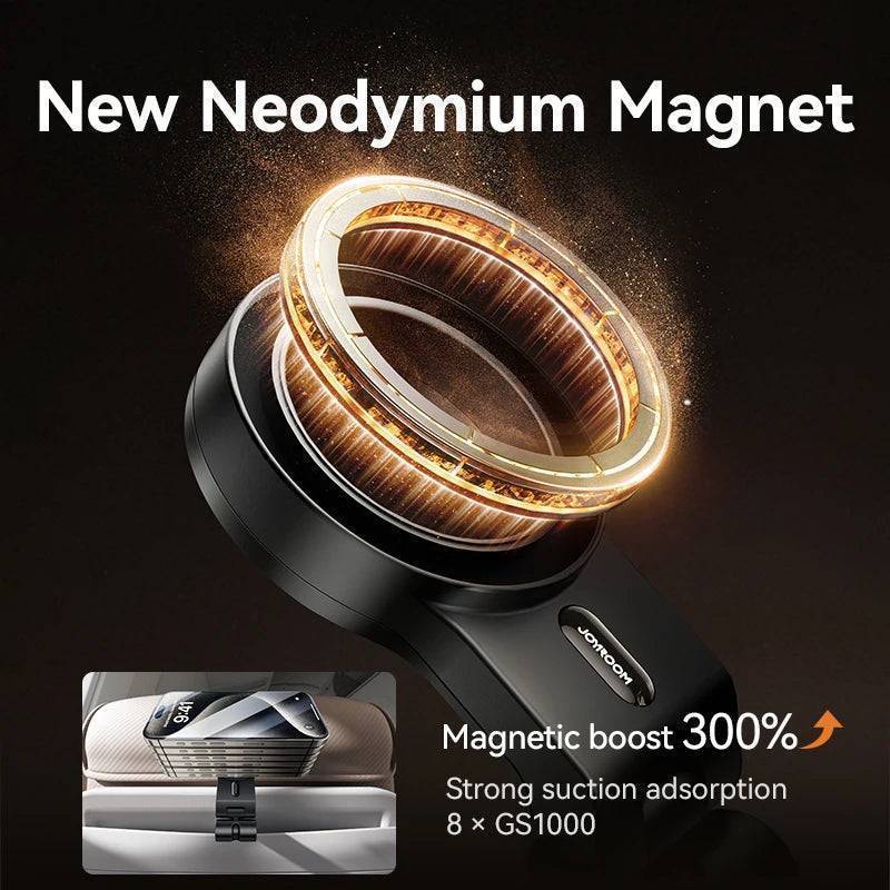 Portable magnetic phone holder for travel, ideal for iPhone users, demonstrating quick attach and release mechanism