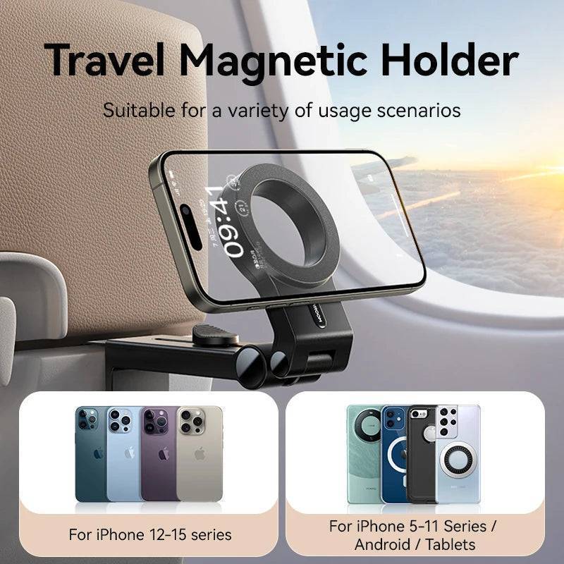 Set of magnetic travel phone holders for iPhones, packaged for retail sale, highlighting features and compatibility