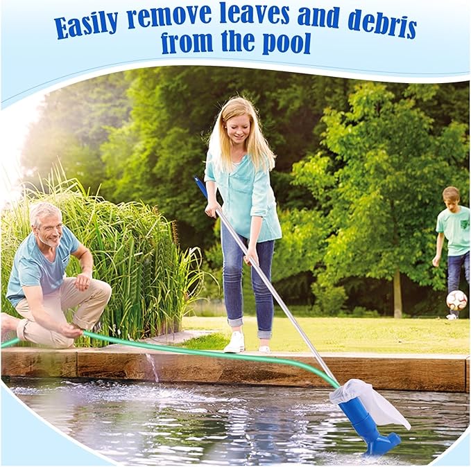 User demonstrates the cordless manual pool vacuum cleaning a step in an above ground pool.
