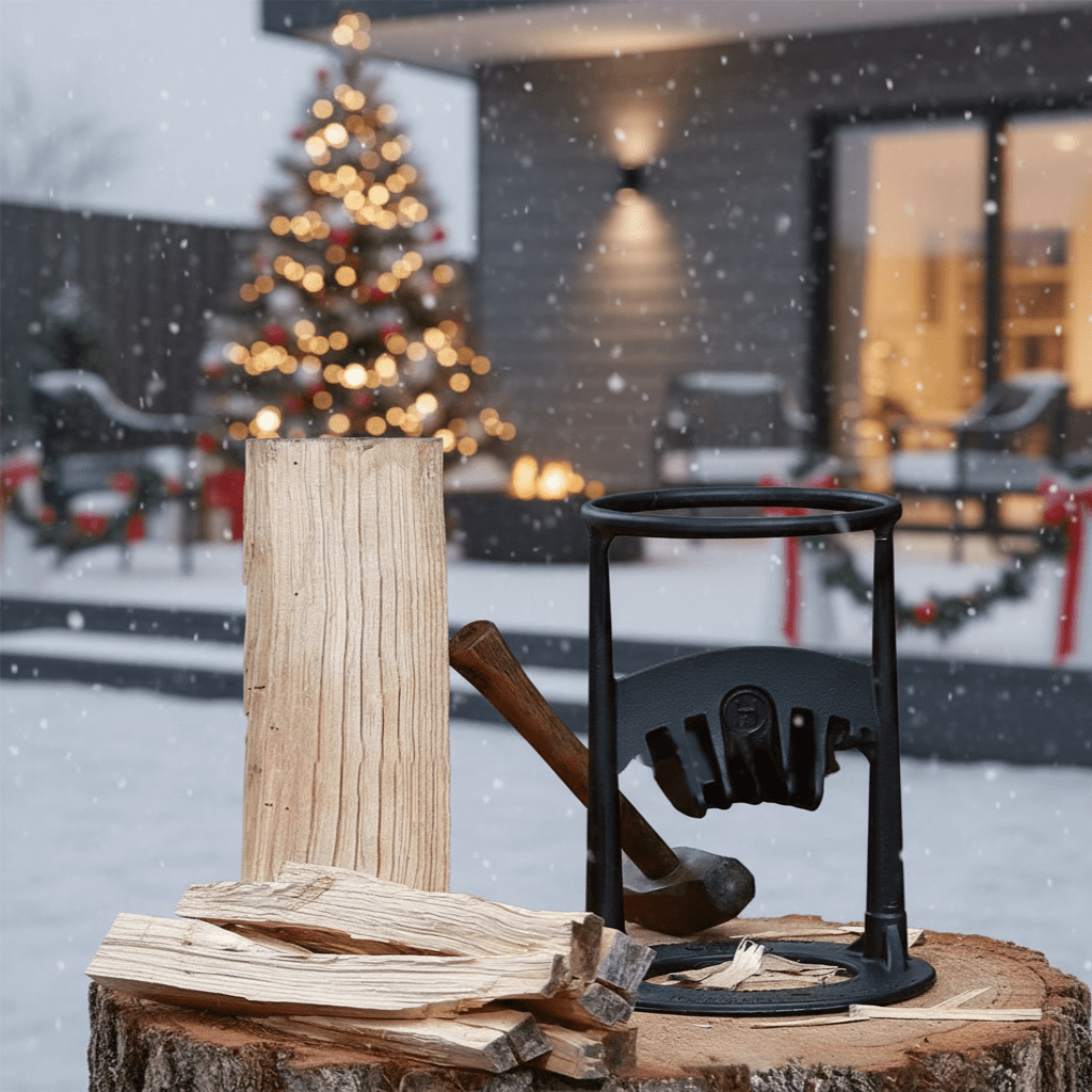 Durable cast iron manual firewood splitter, ideal for safe and efficient kindling preparation.