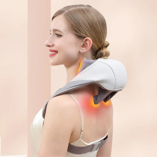 Massaggiatore smart per collo e spalle, design ergonomico, terapia del calore, portatile, allevia tensioni muscolari.