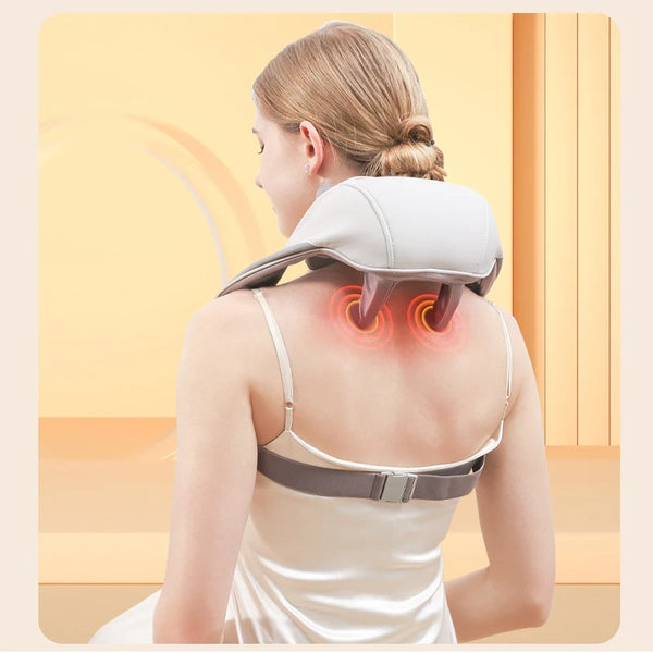 Massaggiatore smart per collo e spalle, design ergonomico, terapia del calore, portatile, allevia tensioni muscolari.