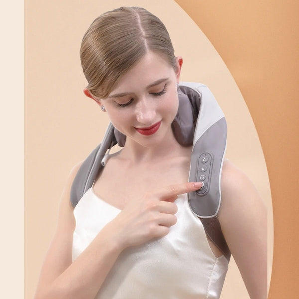 Massaggiatore smart per collo e spalle, design ergonomico, terapia del calore, portatile, allevia tensioni muscolari.