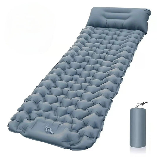 Materassino verde gonfiabile da campeggio con pompa pedale e cuscino integrato, design ergonomico, ideale per outdoor.