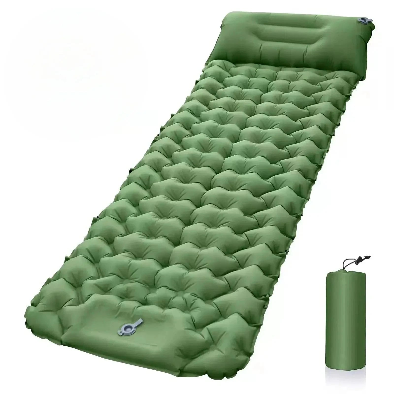 Materassino verde gonfiabile da campeggio con pompa pedale e cuscino integrato, design ergonomico, ideale per outdoor.