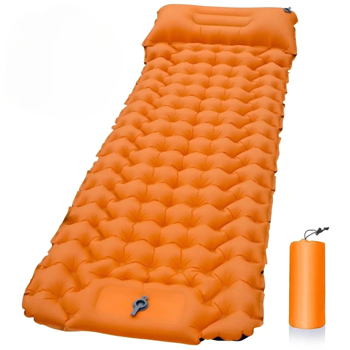 Materassino verde gonfiabile da campeggio con pompa pedale e cuscino integrato, design ergonomico, ideale per outdoor.