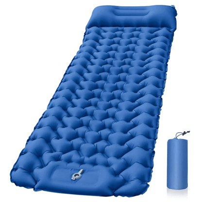 Materassino verde gonfiabile da campeggio con pompa pedale e cuscino integrato, design ergonomico, ideale per outdoor.