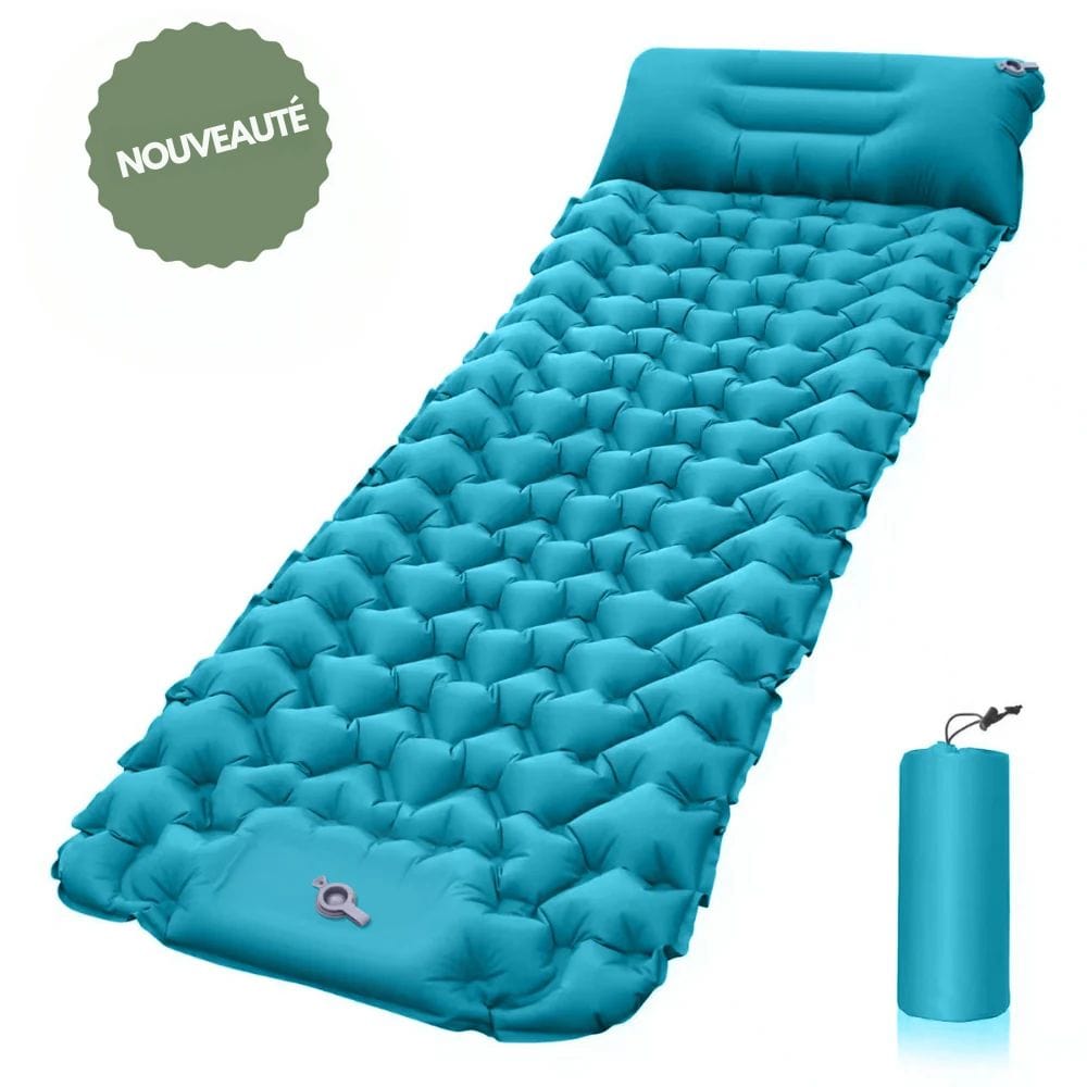 Materassino verde gonfiabile da campeggio con pompa pedale e cuscino integrato, design ergonomico, ideale per outdoor.